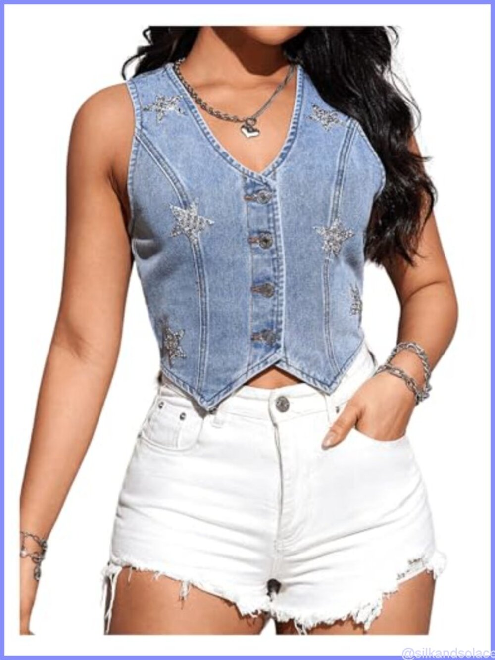 Women's Sequin Denim Vest Top Y2K Sleeveless V Neck Button Crop